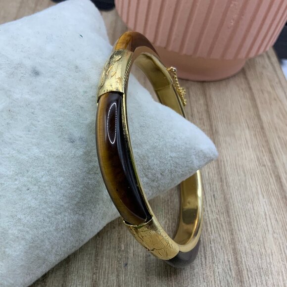 Vintage Jewelry - Tiger Eye Vintage Gold Tone Square Hinge Bangle Bracelet